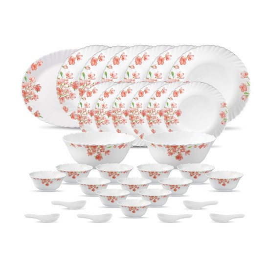 La Opala Diva Classique Collection Opal Glass Crockery | for Family of 6 | Dinner Set 33 pcs Aster Pink | Plates & Bowls for Dining | Microwave Safe | 100% Vegetarian | Extra Strong | White