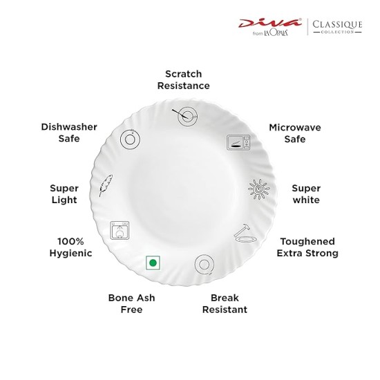 La Opala Diva Classique Collection Opal Glass Crockery | for Family of 6 | Dinner Set 33 pcs Fluted Green | Plates & Bowls for Dining | Microwave Safe | 100% Vegetarian | Extra Strong | White