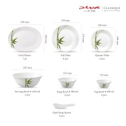 La Opala Diva Classique Collection Opal Glass Crockery | for Family of 6 | Dinner Set 33 pcs Fluted Green | Plates & Bowls for Dining | Microwave Safe | 100% Vegetarian | Extra Strong | White