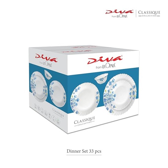 La Opala Diva Classique Collection Opal Glass Crockery | for Family of 6 | Dinner Set 33 pcs Lavender Dew | Plates & Bowls for Dining | Microwave Safe | 100% Vegetarian | Extra Strong | White