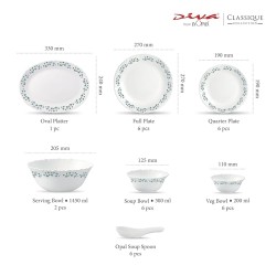 La Opala Diva Classique Collection Opal Glass Crockery | for Family of 6 | Dinner Set 33 pcs Lavender Dew | Plates & Bowls for Dining | Microwave Safe | 100% Vegetarian | Extra Strong | White