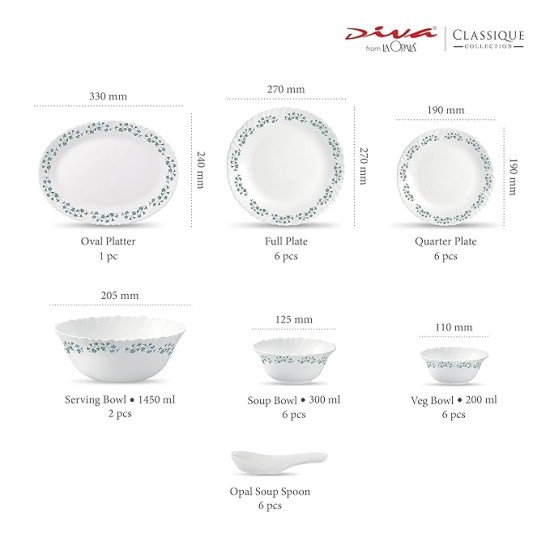 La Opala Diva Classique Collection Opal Glass Crockery | for Family of 6 | Dinner Set 33 pcs Lavender Dew | Plates & Bowls for Dining | Microwave Safe | 100% Vegetarian | Extra Strong | White