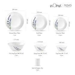 La Opala, Novo Collection, Opal Glass Dinner Set 29 pcs, English Lavender, White