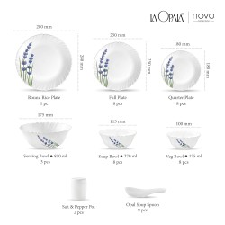 La Opala Novo Collection Opal Glass Crockery | for Family of 8 | Dinner Set 46 pcs English Lavender | Plates & Bowls for Dining | Microwave Safe | 100% Vegetarian | Extra Strong | Light & White