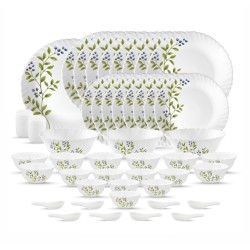 La Opala Novo Collection Opal Glass Crockery | for Family of 8 | Dinner Set 46 pcs Lush Green | Plates & Bowls for Dining | Microwave Safe | 100% Vegetarian | Extra Strong | Light & White