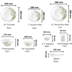 La Opala Novo Collection Opal Glass Crockery | for Family of 8 | Dinner Set 46 pcs Lush Green | Plates & Bowls for Dining | Microwave Safe | 100% Vegetarian | Extra Strong | Light & White