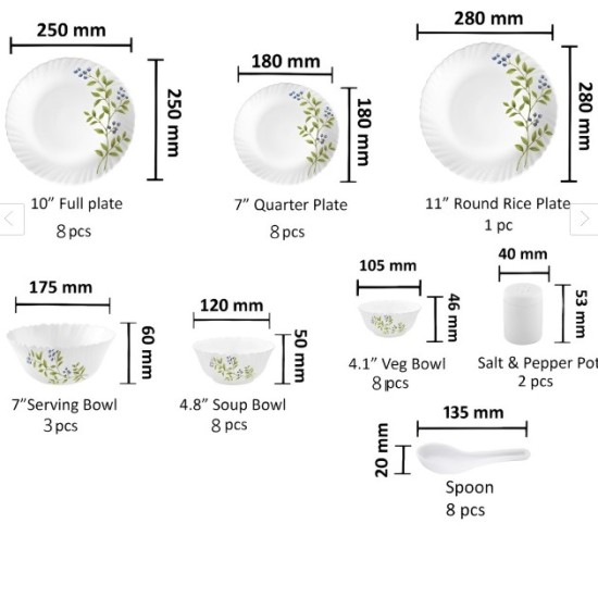 La Opala Novo Collection Opal Glass Crockery | for Family of 8 | Dinner Set 46 pcs Lush Green | Plates & Bowls for Dining | Microwave Safe | 100% Vegetarian | Extra Strong | Light & White