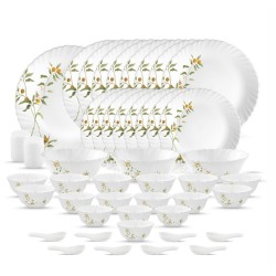 La Opala Novo Collection Opal Glass Crockery | for Family of 8 | Dinner Set 46 pcs Vivid Greens | Plates & Bowls for Dining | Microwave Safe | 100% Vegetarian | Extra Strong | Light & White