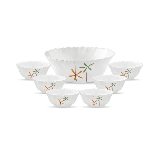 La Opala Novo Collection Opal Glass Crockery | Gift Set of 7 | Pudding Set 7 pcs Autumn Flower | Bowls for Desserts & Gifting | Microwave Safe | 100% Vegetarian | Extra Strong | Light & White