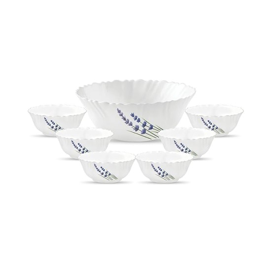 La Opala Novo Collection Opal Glass Crockery | Gift Set of 7 | Pudding Set 7 pcs English Lavender | Bowls for Desserts & Gifting | Microwave Safe | 100% Vegetarian | Extra Strong | Light & White