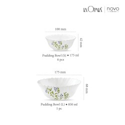 La Opala Novo Collection Opal Glass Crockery | Gift Set of 7 | Pudding Set 7 pcs Lush Greens | bowls for desserts & gifting | Microwave Safe | 100% Vegetarian | Extra Strong | Light & White