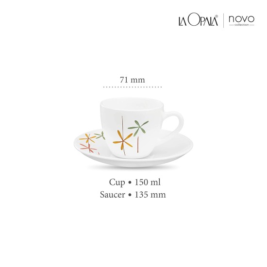 La Opala, Novo Collection Opal Glass Crockery | Cup & Saucer Lily, Set of 12 | Autumn Flower, 150 ml | for Tea & Coffee | Microwave Safe | 100% Vegetarian | Extra Strong | Super Light | Super White