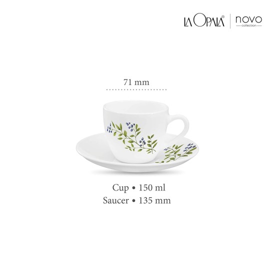 La Opala, Novo Collection Opal Glass Crockery | Cup & Saucer Lily, Set of 12 | Lush Greens, 150 ml | for Tea & Coffee | Microwave Safe | 100% Vegetarian | Extra Strong | Super Light | Super White