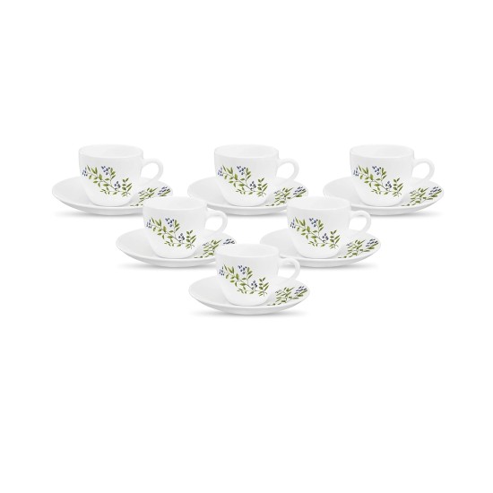 La Opala, Novo Collection Opal Glass Crockery | Cup & Saucer Lily, Set of 12 | Lush Greens, 150 ml | for Tea & Coffee | Microwave Safe | 100% Vegetarian | Extra Strong | Super Light | Super White