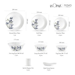 La Opala, Novo Collection, Opal Glass Dinner Set 35 pcs, Silken Charm, White