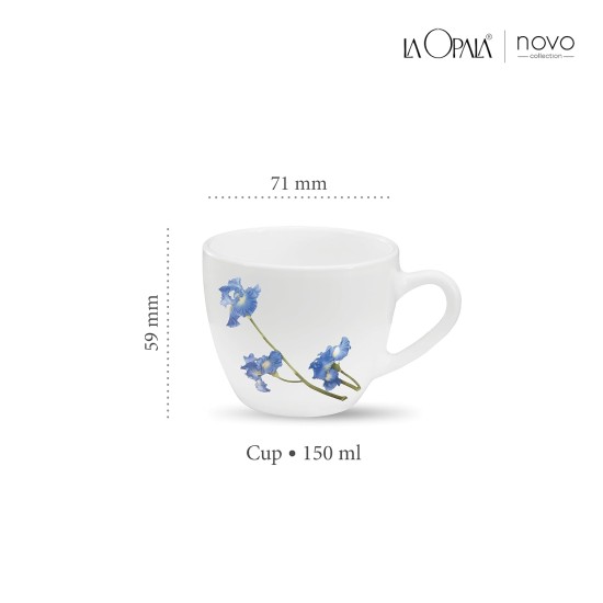 La Opala, Novo Collection Opal Glass Crockery | Cup Lily, Set of 6 | Blue Orchids, 150 ml | for Tea & Coffee | Microwave Safe | 100% Vegetarian | Toughened Extra Strong | Super Light | Super White