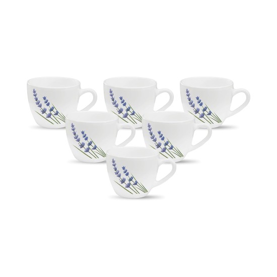 La Opala, Novo Collection Opal Glass Crockery | Cup Lily, Set of 6 | English Lavender, 150 ml | for Tea & Coffee | Microwave Safe | 100% Vegetarian | Toughened Extra Strong | Super Light | Super White