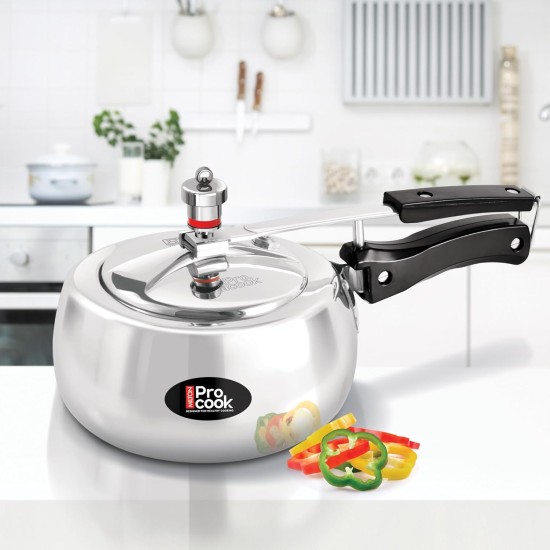 Milton Pro Cook Aluminium Curve Pressure Cooker With Inner Lid, Non Induction Bottom, 2 Litres, Silver | Hot Plate Safe | Flame Safe | Bakelite Handle