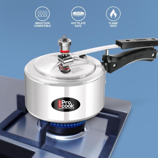 Milton Pro Cook Aluminium Induction Pressure Cooker With Inner Lid, 2 litre, Silver | Hot Plate Safe | Flame Safe