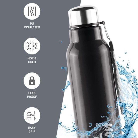 Milton Steel Fit 600 Insulated Stainless Steel Water Bottle, 1 Piece, 520 ml, Black | Easy Grip | Leak Proof | Hot or Cold | School | Office | Gym | Hiking | Treking | Travel Bottle