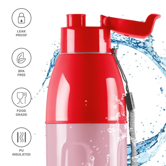 Milton Kool Convex 900 Insulated Inner Pet Water Bottle, 700 ml, Light Red | Easy to Carry | Leak Proof | School | Office | Gym | Hiking | Treking | Travel Bottle