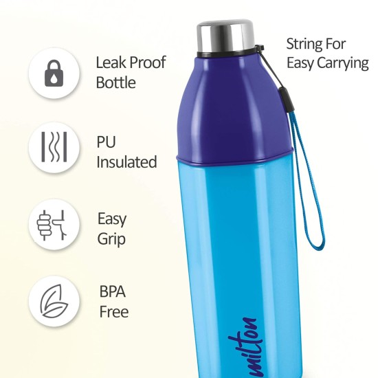 MILTON Kool Hexone 900 Insulated Water Bottle, 720 Ml, Blue | Leak Proof | Easy Grip | Bpa Free | Easy To Carry | Odourless - Plastic