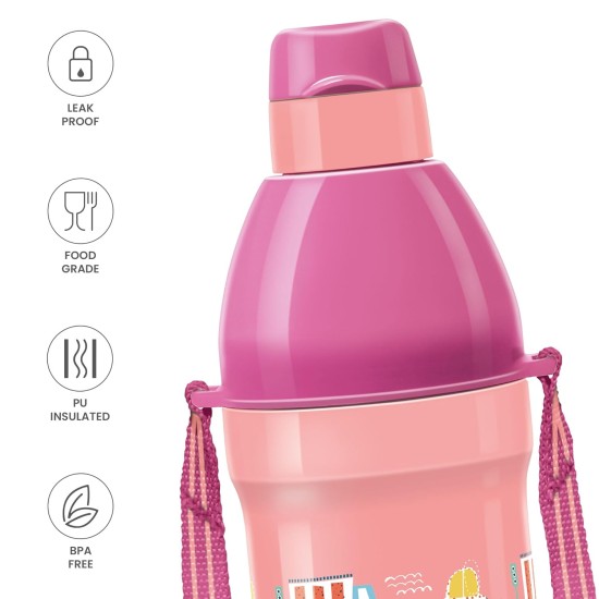 Milton Kool Joy 600 Plastic Insulated Water Bottle Sipper Lid with Straw for Kids, 600 ml, Pink | School | Picnic | Sipper Bottle | Leak Proof | Easy to Carry