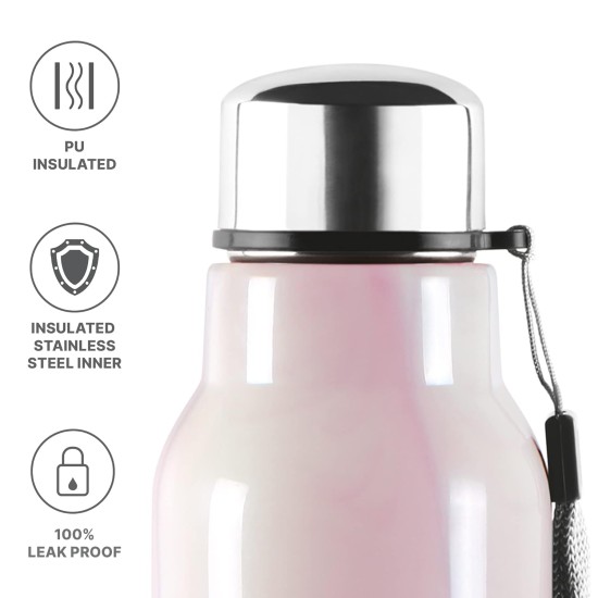 Milton Steel Marble 900 Leak Proof, Hot and Cold, Wide Mouth & Easy to Open Insulated Inner Steel Outer Plastic Water Bottle, 630 ml, Pink, School | Office | Travel Bottle