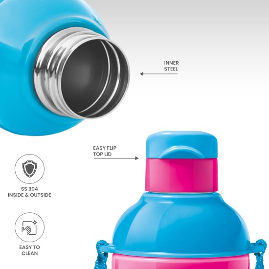 Milton Steel Barbie 600 Insulated Inner Stainless Steel Kids Water Bottle, 390 ml, Cherry Pink & Blue | PU Insulated | Hot & Cold | Easy to Carry | Leak Proof