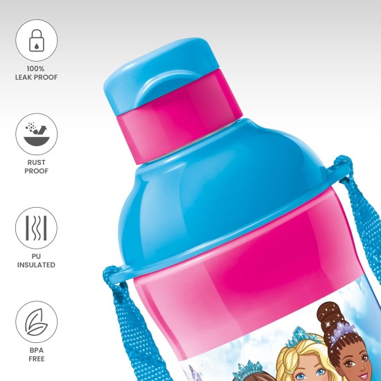 Milton Steel Barbie 600 Insulated Inner Stainless Steel Kids Water Bottle, 390 ml, Cherry Pink & Blue | PU Insulated | Hot & Cold | Easy to Carry | Leak Proof