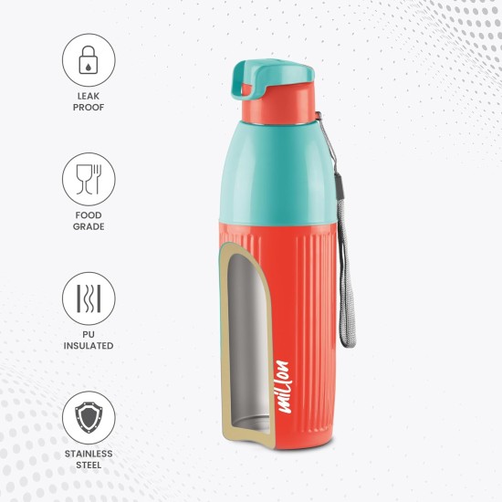 Milton Steel Sierra 600 Insulated Inner Stainless Steel Water Bottle, 1 Piece, 520 ml, Coral| Easy Grip | Leak Proof | Hot or Cold | School | Office |Treking | Travel Bottle