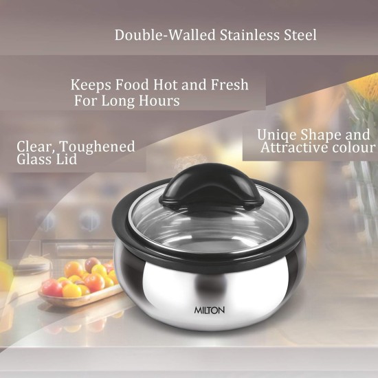 MILTON Clarion 2000 Stainless Steel Casserole with See Through Glass Lid, 1950 ml, Steel Plain