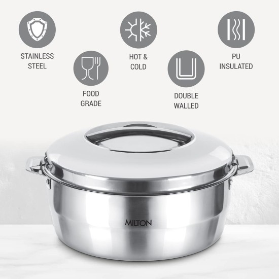 MILTON Empress 1500 Stainless Steel Casserole, 1500 ml, Silver | Double Walled | PU Insulated | Hot & Cold | Food Grade | Easy to Lift Handle | Hygienic | Odourless