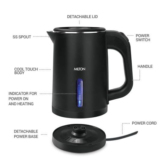 Milton Companion Electric Kettle 0.8L,1Pc,Black | Power Indicator | 1000 Watts | Double Walled | Auto Cut-off | Detachable 360 Degree Connector | Cool Tough Body | Cordless Pot