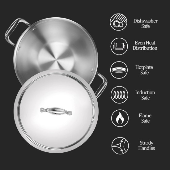 MILTON Pro cook Triply Deep Kadhai with Stainless Steel Lid, 24 cm, 3.6 litres, Silver | 3 Years Warranty | Dishwasher | Induction | Hot Plate | Flame Safe