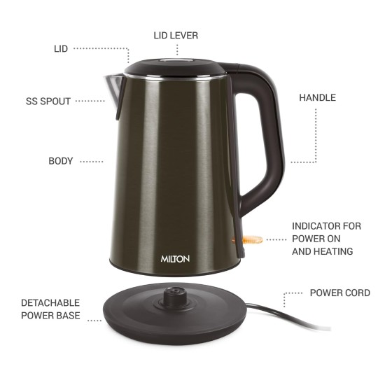 Milton Euroline Hagen Electric Kettle,1.8 Litre, Stainless Steel, Double Walled, Cool Touch Outer Body with Auto Shut Off, Power Indicator, Dry Boil & Excess Steam, 1500 Watts, Black