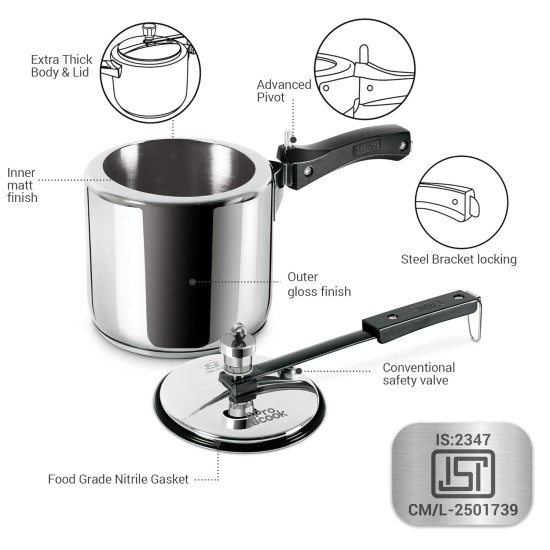 Milton Pro Cook Sandwich Bottom Stainless Steel Pressure Cooker with Inner Lid, 3 Litres, Silver | Food Grade Nitrile Gasket | Induction | Hot Plate | Flame Safe