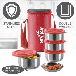 MILTON Ambition 4 Stainless Steel Tiffin, 4 Containers, 300 ml Each with Jacket, Red | Light Weight | Easy to Carry | Leak Proof | Food Grade | Odour Proof