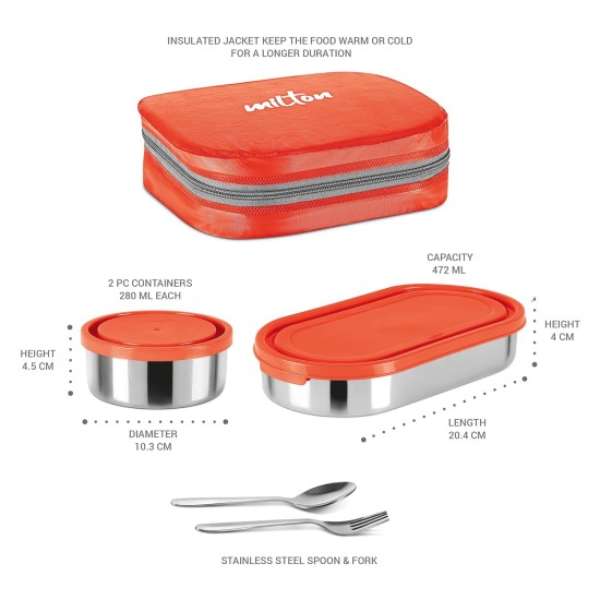 MILTON Cubite Stainless Steel Tiffin, 3 Containers (280 ml, 280 ml, 472 ml) with Jacket, Spoon & Fork, Red | Lunch Box | Food Grade | Odour Proof | Light Weight | Hygienic