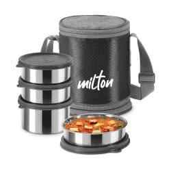 MILTON Expando 3+1 Lunch Box (4 Stainless Steel Container, 200 ml, 320 ml, 320 ml, 500 ml) with Insulated Jacket, Black | Leak & Odour Proof | Food Grade | Easy to Carry | Office | College