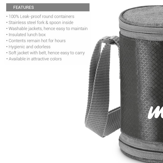 MILTON Expando 3+1 Lunch Box (4 Stainless Steel Container, 200 ml, 320 ml, 320 ml, 500 ml) with Insulated Jacket, Black | Leak & Odour Proof | Food Grade | Easy to Carry | Office | College