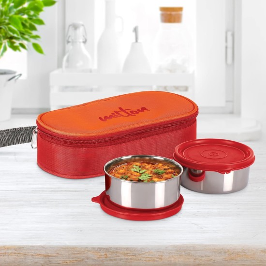 Milton Hot Bite Stainless Steel Lunch Box, 2 Containers, 320 ml Each, Red | Leak Proof | Food Grade | Easy to Carry | Hot Food