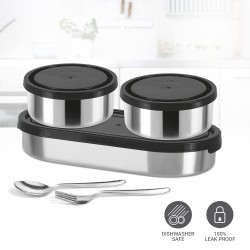 MILTON Master Stainless Steel Lunch Box (Oval Container, 450ml; 2 Leak Proof Round Container, 280 ml; Spoon & Fork) with Insulated Jacket, Black | Tiffin | Food Grade | Easy to Carry | Odour Proof