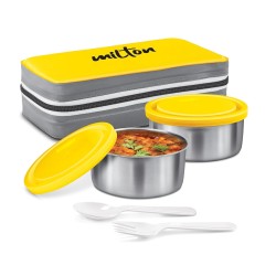 MILTON Plastic New Mini LuInch Insulated Tiffin, Set of 2, (280 Ml Each), with Jacket, Yellow Light Weight Leak Proof Easy to Carry