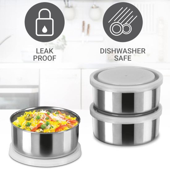 MILTON Steel Treat 3 Stainless Steel Tiffin, 3 Containers, 280 ml Each with Jacket, Grey | Light Weight | Easy to Carry | Leak Proof | Food Grade | Dishwasher Safe