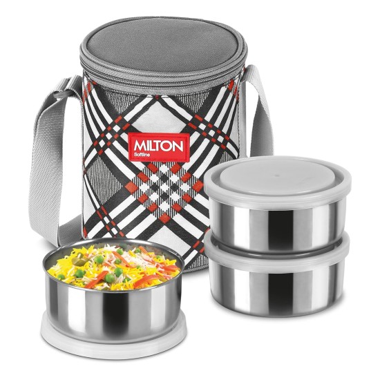 MILTON Steel Treat 3 Stainless Steel Tiffin, 3 Containers, 280 ml Each with Jacket, Grey | Light Weight | Easy to Carry | Leak Proof | Food Grade | Dishwasher Safe