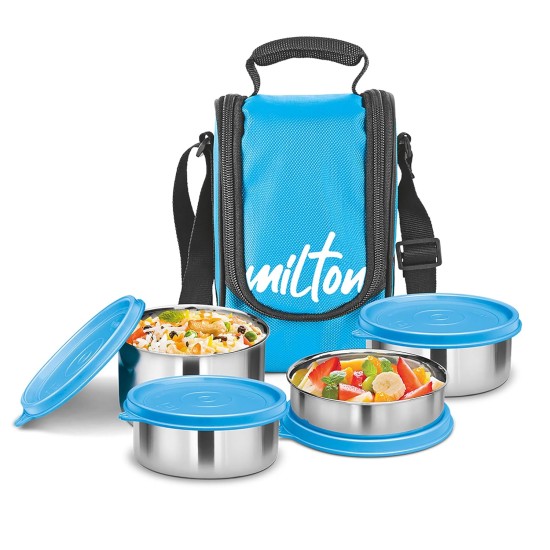 MILTON Tasty 4 Stainless Steel Lunch Box with 4 Containers, (1-200 ml, 2-320 ml Each, 1-500 ml), Cyan | Leak proof | Easy to carry | Stainless Steel | Odour Proof | Food Grade