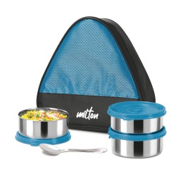 MILTON Trident Stainless Steel Lunch Box (3 Leak Proof Round Containers, 320 ml Each, 1 Spoon) with Insulated Jacket, Blue | Tiffin | Food Grade | Easy to Carry | Odour Proof