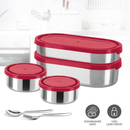 MILTON Triple Decker Stainless Steel Lunch Box (2 Oval Container, 675 ml & 450ml; 2 Leak Proof Round Container, 280 ml; Spoon & Fork) with Insulated Jacket, Red | Tiffin | Food Grade | Easy to Carry