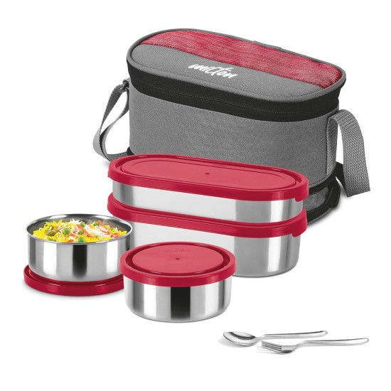 MILTON Triple Decker Stainless Steel Lunch Box (2 Oval Container, 675 ml & 450ml; 2 Leak Proof Round Container, 280 ml; Spoon & Fork) with Insulated Jacket, Red | Tiffin | Food Grade | Easy to Carry